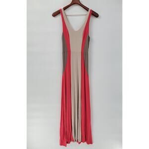 Monteau Maxi Tank Dress Womens M Beige Red Tan Color Block V Neck Sleeveless